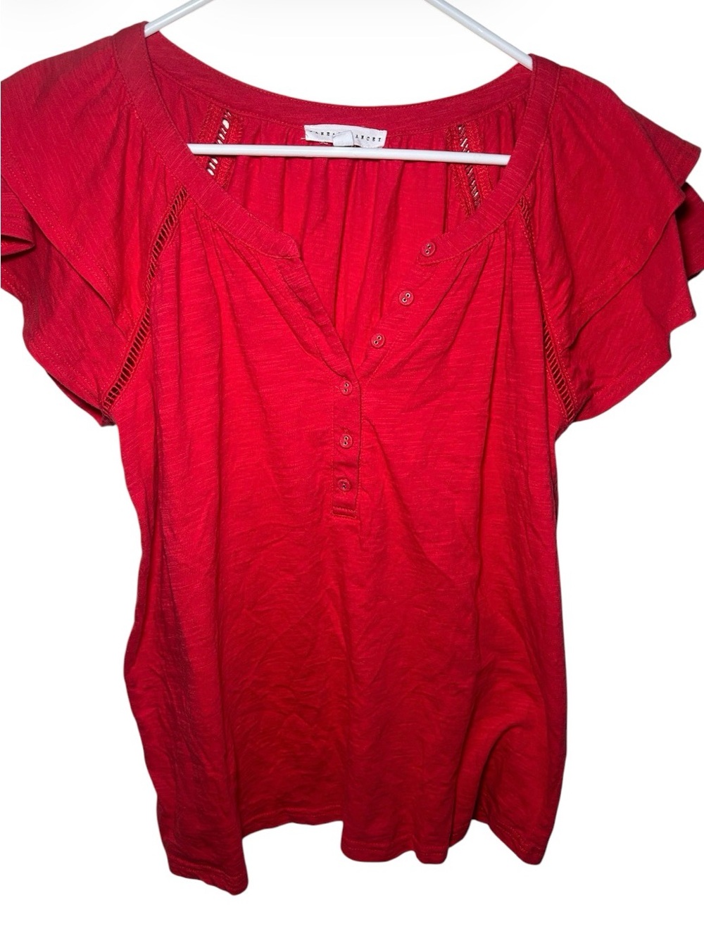 Jane Delancey Women’s Red Button Henley Flutter Rufflw Short Sleeve Top Fall L